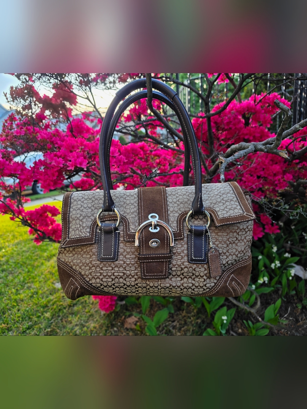 Vintage Coach Soho Signature C canvas shoulder bag with brown suede and leather